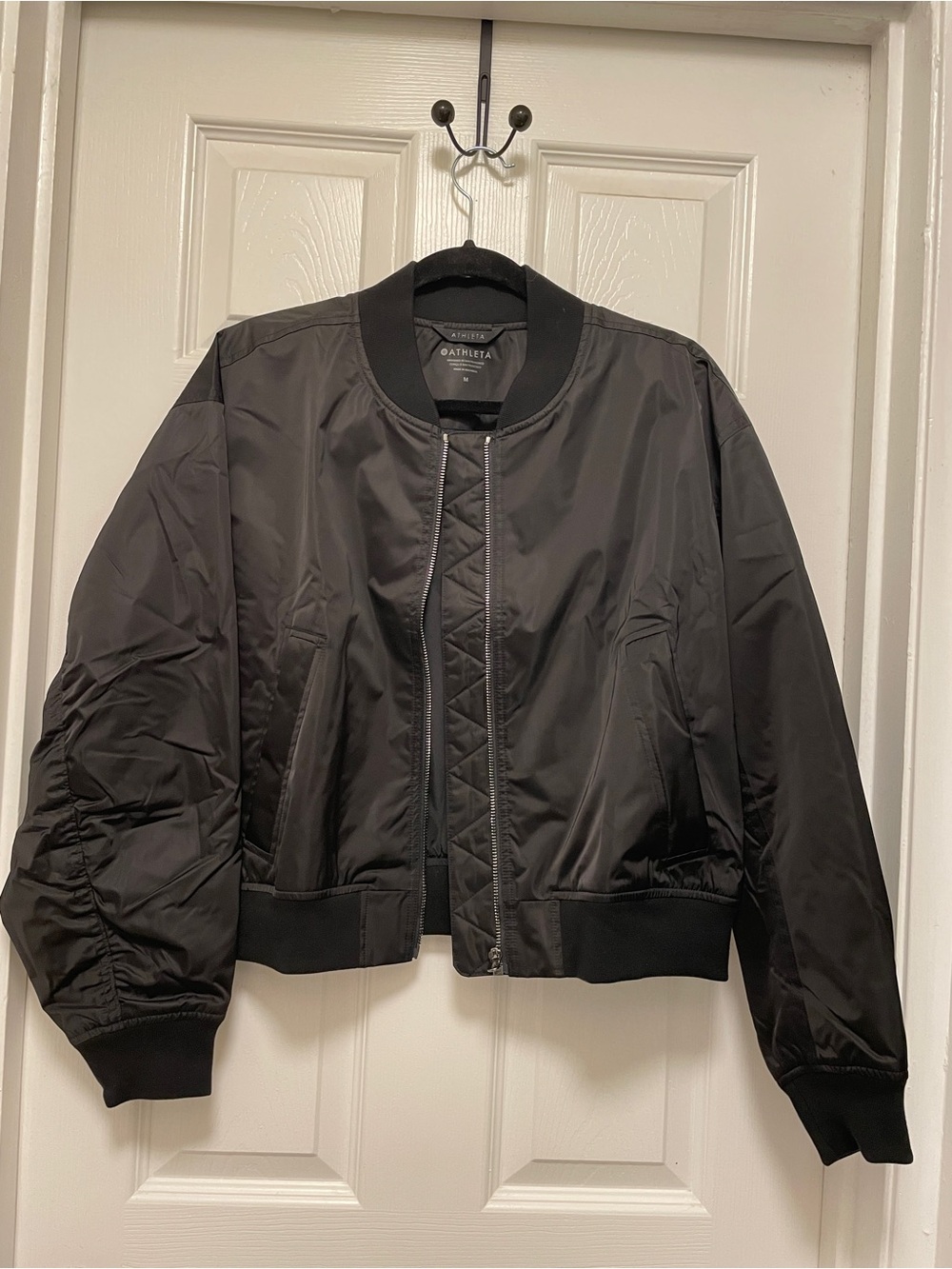 Athleta Black Satin Bomber Jacket with Ribbed Trim